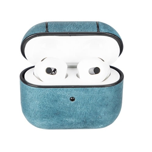 Luxury Blue Leather Apple AirPods Flip Cover Case with Back Hook 3rd Generation - Bomonti - 2