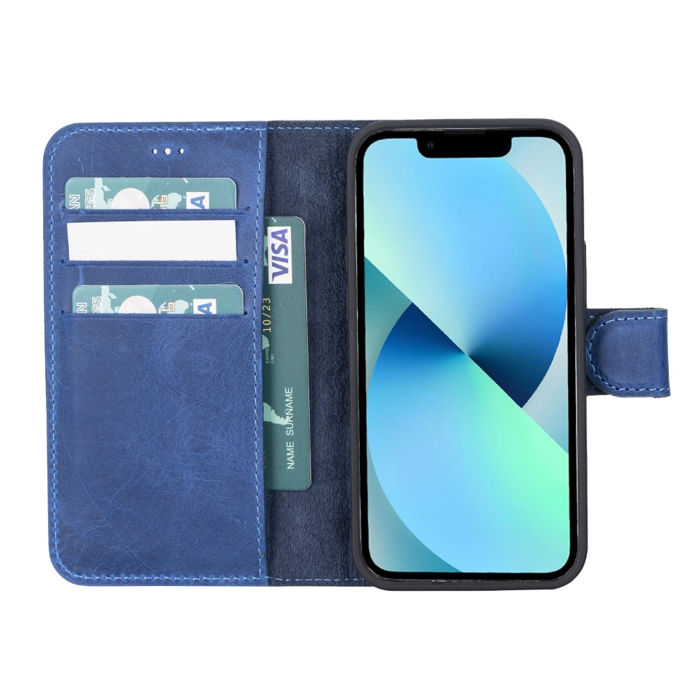Blue Leather iPhone 13 Mini Detachable Bi-Fold RFID Wallet Case with MagSafe & Card Holder - Bomonti - 3