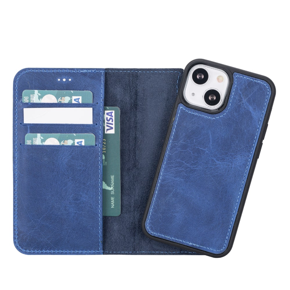 Blue Leather iPhone 13 Mini Detachable Bi-Fold RFID Wallet Case with MagSafe & Card Holder - Bomonti - 4