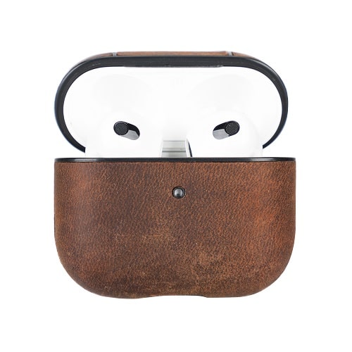 Luxury Brown Leather Apple AirPods Flip Cover Case with Back Hook 3rd Generation - Bomonti - 3
