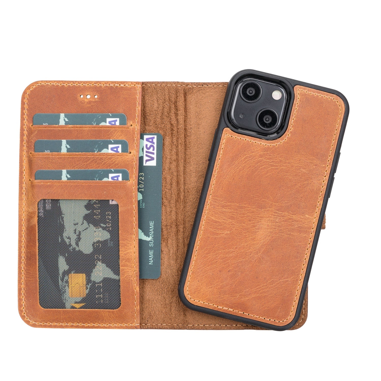 Rustic Brown Leather iPhone 13 Mini Detachable Bi-Fold RFID Wallet Case with MagSafe & Card Holder - Bomonti - 1