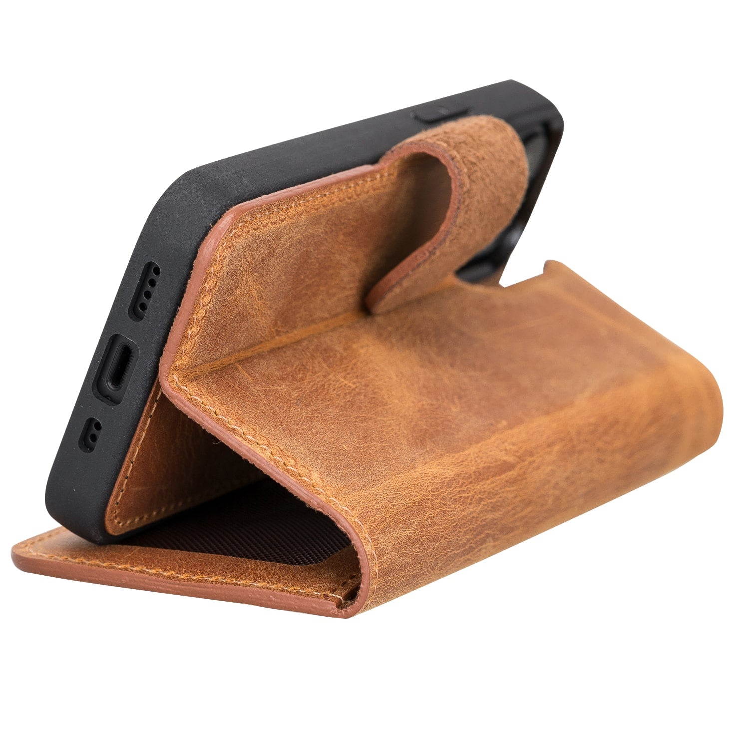 Rustic Brown Leather iPhone 13 Mini Detachable Bi-Fold RFID Wallet Case with MagSafe & Card Holder - Bomonti - 7