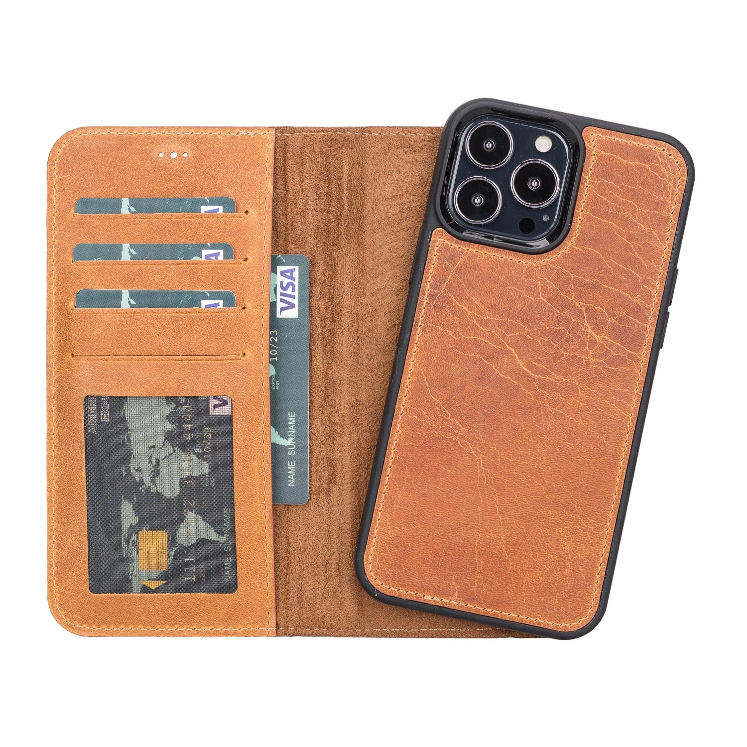 Rustic Brown Leather iPhone 13 Pro Max Detachable Bi-Fold RFID Wallet Case with MagSafe & Card Holder - Bomonti - 1