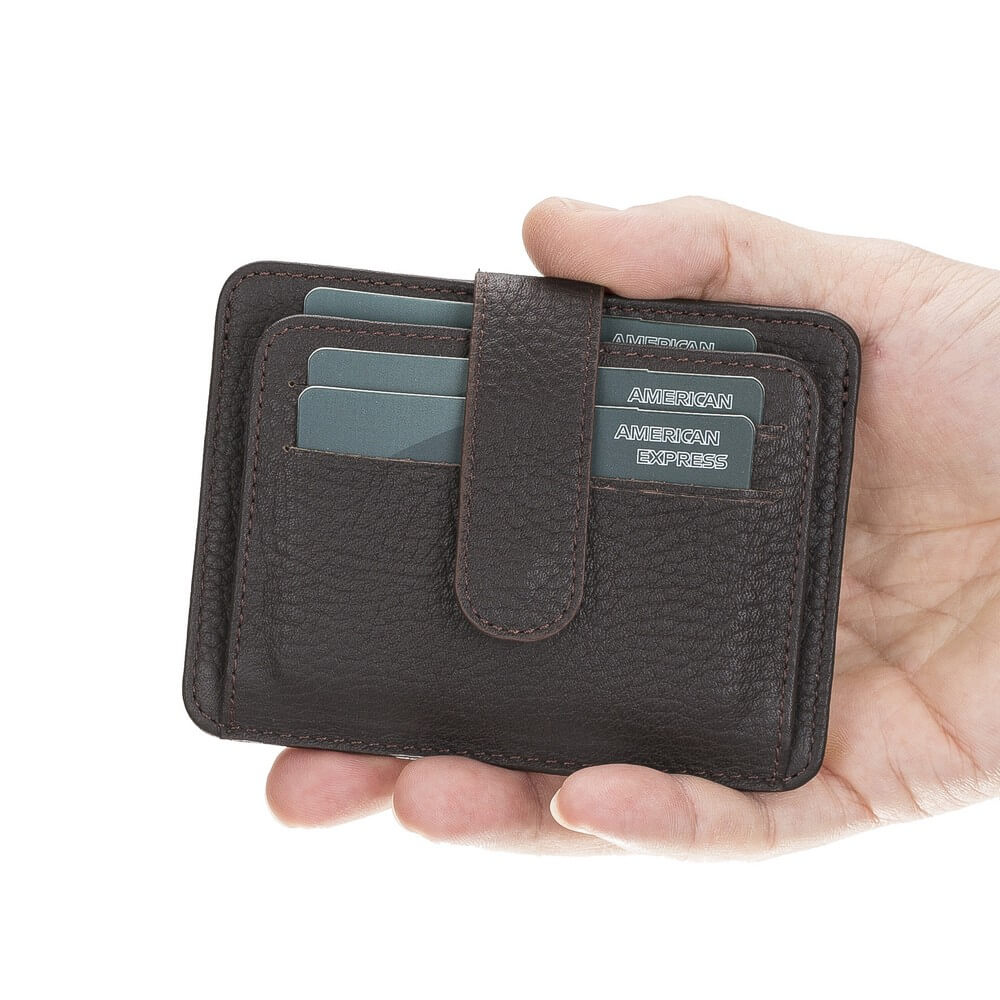 Luxury Dark Brown Leather Bifold Card Holder with Snap Closure - Bomonti - 1