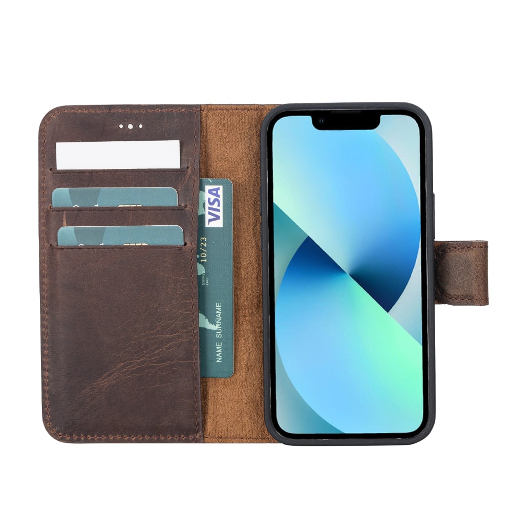Dark Brown Leather iPhone 13 Mini Detachable Bi-Fold RFID Wallet Case with MagSafe & Card Holder - Bomonti - 1