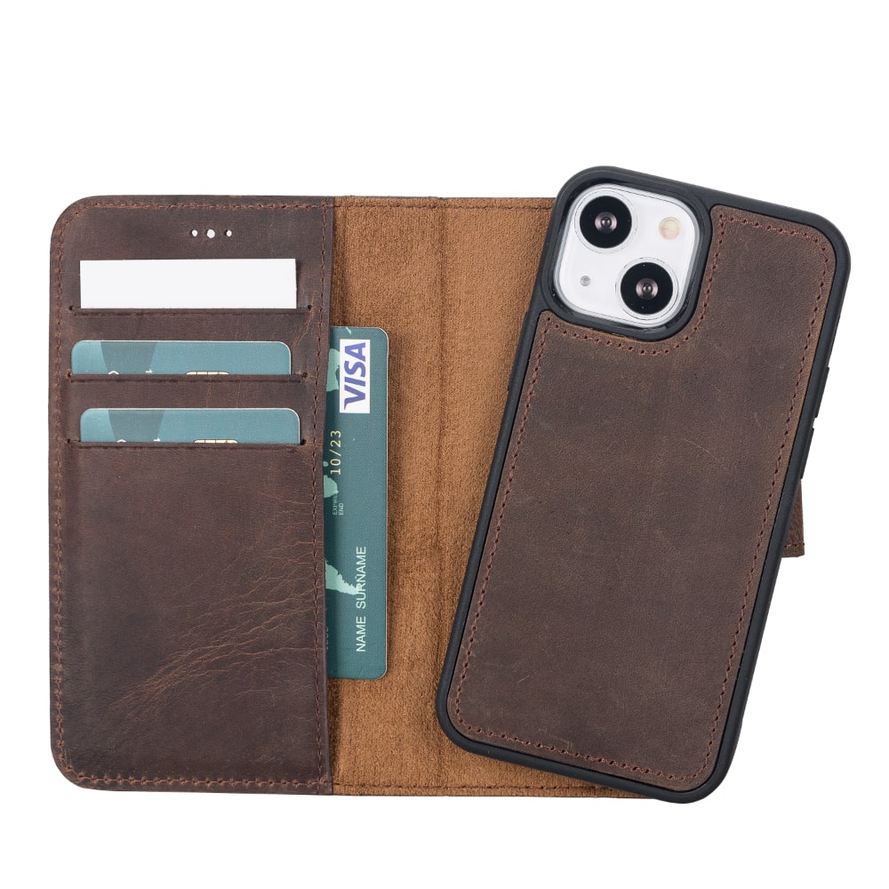 Dark Brown Leather iPhone 13 Mini Detachable Bi-Fold RFID Wallet Case with MagSafe & Card Holder - Bomonti - 4