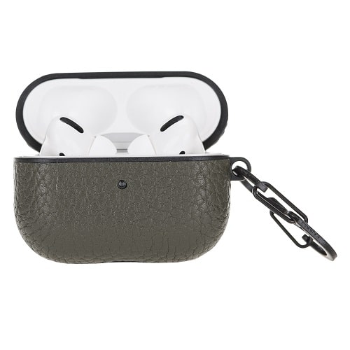 Luxury Dark Grey Leather Apple AirPods Flip Cover Case with Side Hook 3rd Generation - Bomonti - 3