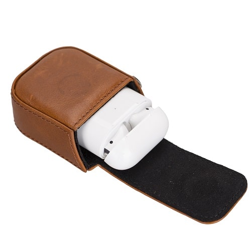 Luxury Golden Brown Leather Apple AirPods Bag Cover Case with Side Hooks - Bomonti - 4