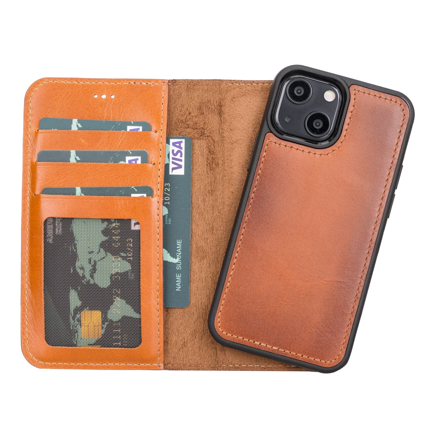 Brown Leather iPhone 13 Mini Detachable Bi-Fold RFID Wallet Case with MagSafe & Card Holder - Bomonti - 1