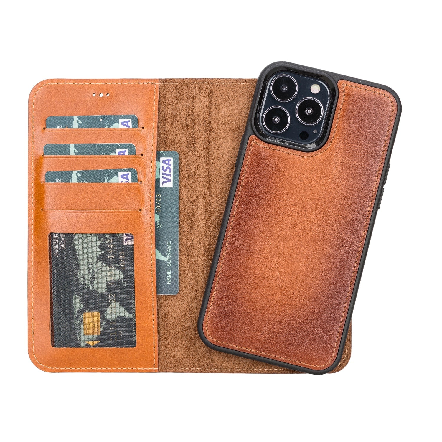 Brown Leather iPhone 13 Pro Max Detachable Bi-Fold RFID Wallet Case with MagSafe & Card Holder - Bomonti - 1