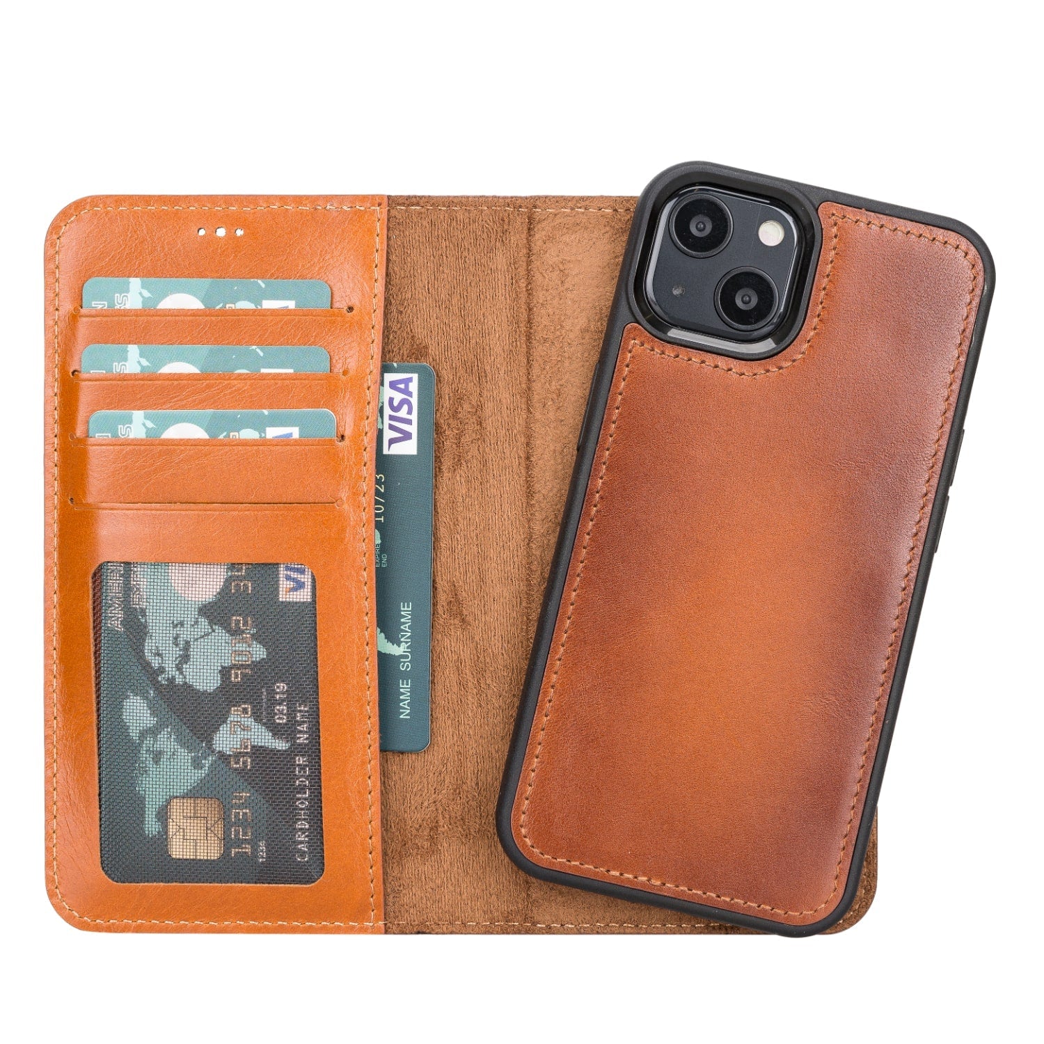 Golden Brown Leather iPhone 13  Detachable Bi-Fold RFID Wallet Case with MagSafe & Card Holder - Bomonti - 1