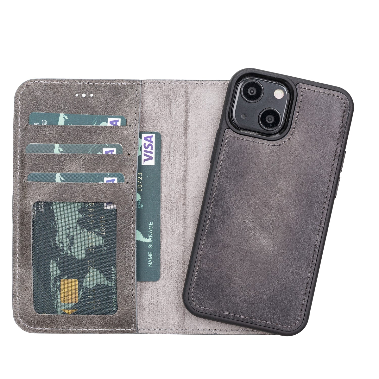 Grey Leather iPhone 13 Mini Detachable Bi-Fold RFID Wallet Case with MagSafe & Card Holder - Bomonti - 1