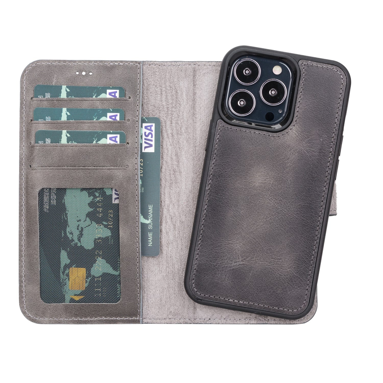 Luxury Grey Leather iPhone 13 Pro Wallet Case with MagSafe & RFID Card Holder - Bomonti - 1