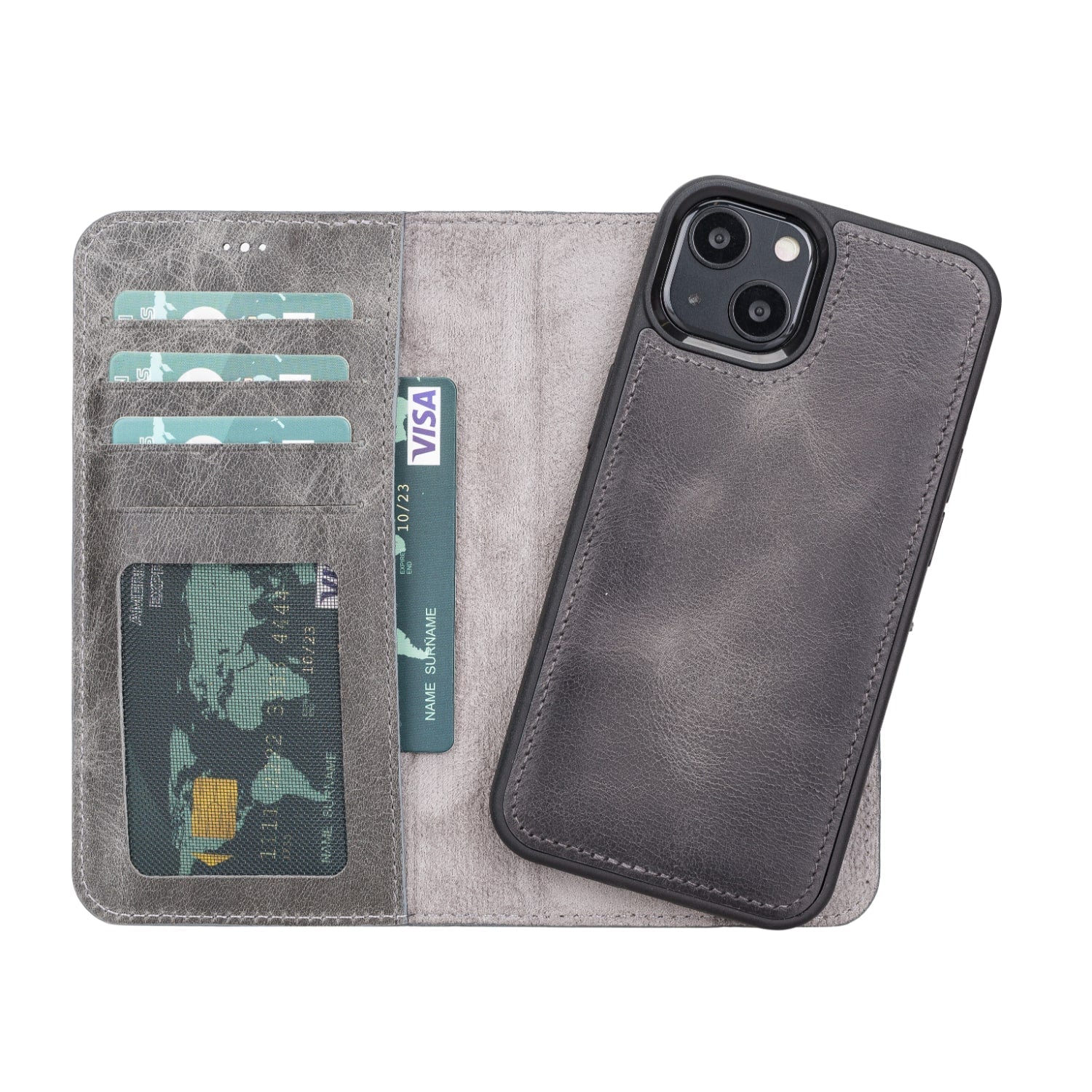 Grey Leather iPhone 13 Detachable Bi-Fold RFID Wallet Case with MagSafe & Card Holder - Bomonti - 1