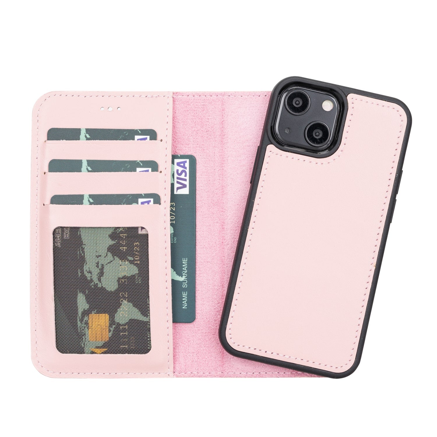 Pink Leather iPhone 13 Mini Detachable Bi-Fold RFID Wallet Case with MagSafe & Card Holder - Bomonti - 1