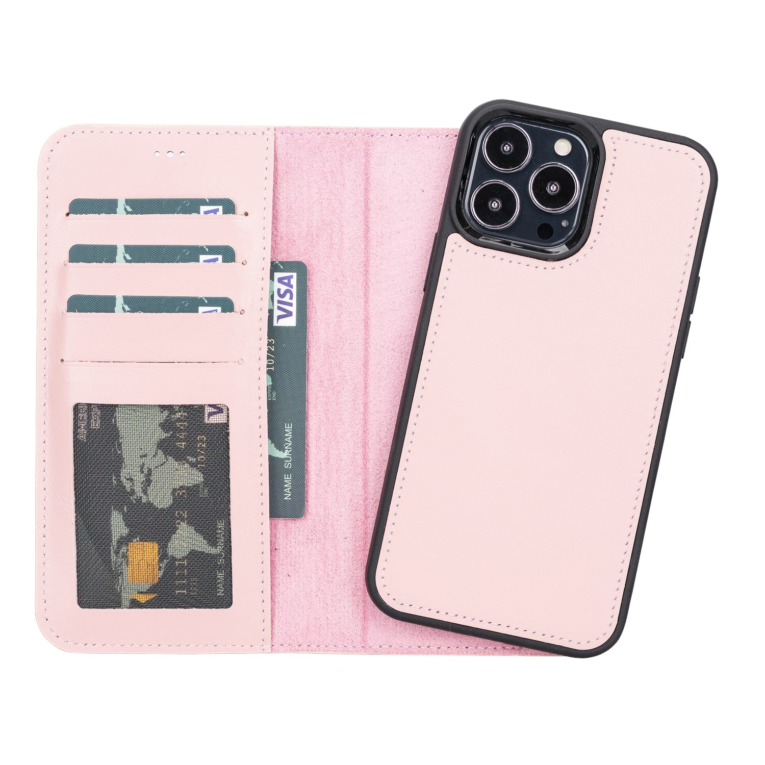 Pink Leather iPhone 13 Pro Max Detachable Bi-Fold RFID Wallet Case with MagSafe & Card Holder - Bomonti - 1