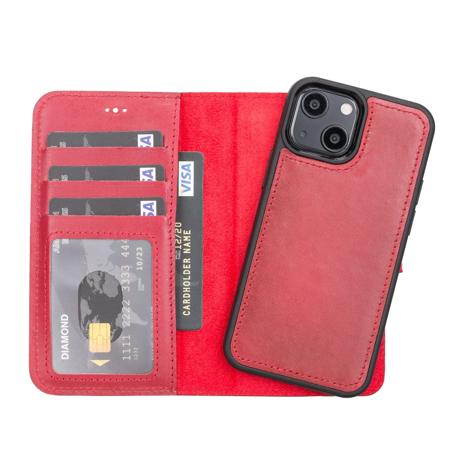 Red Leather iPhone 13 Mini Detachable Bi-Fold RFID Wallet Case with MagSafe & Card Holder - Bomonti - 1