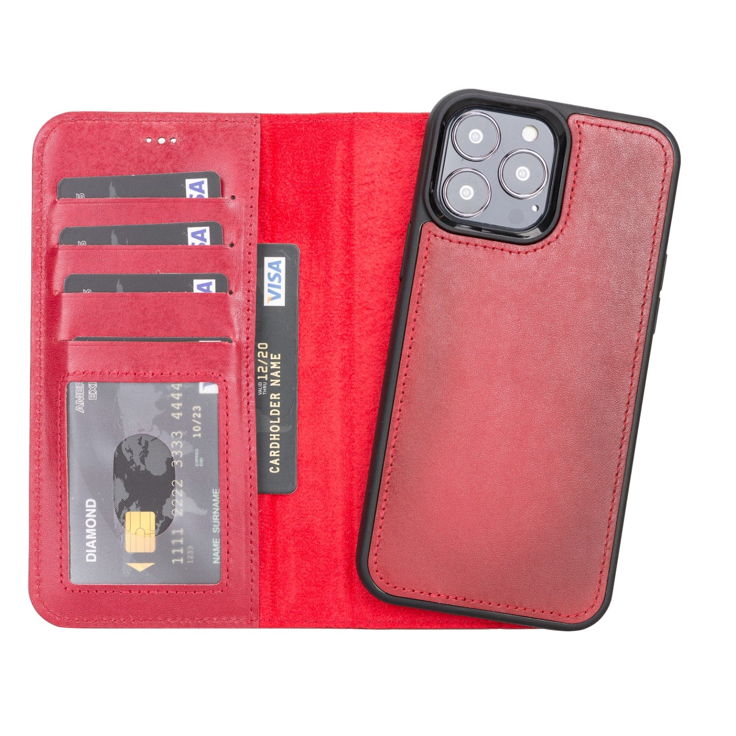 Red Leather iPhone 13 Pro Max Detachable Bi-Fold RFID Wallet Case with MagSafe & Card Holder - Bomonti - 1