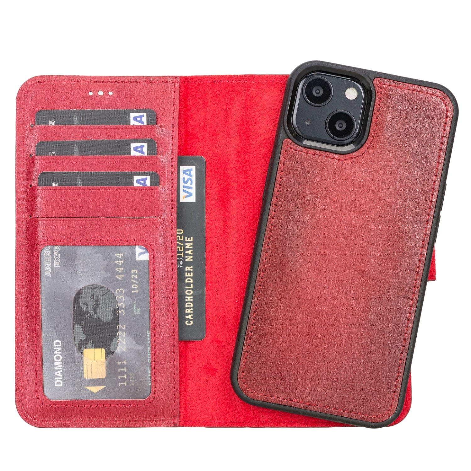 Red Leather iPhone 13 Detachable Bi-Fold RFID Wallet Case with MagSafe & Card Holder - Bomonti - 1