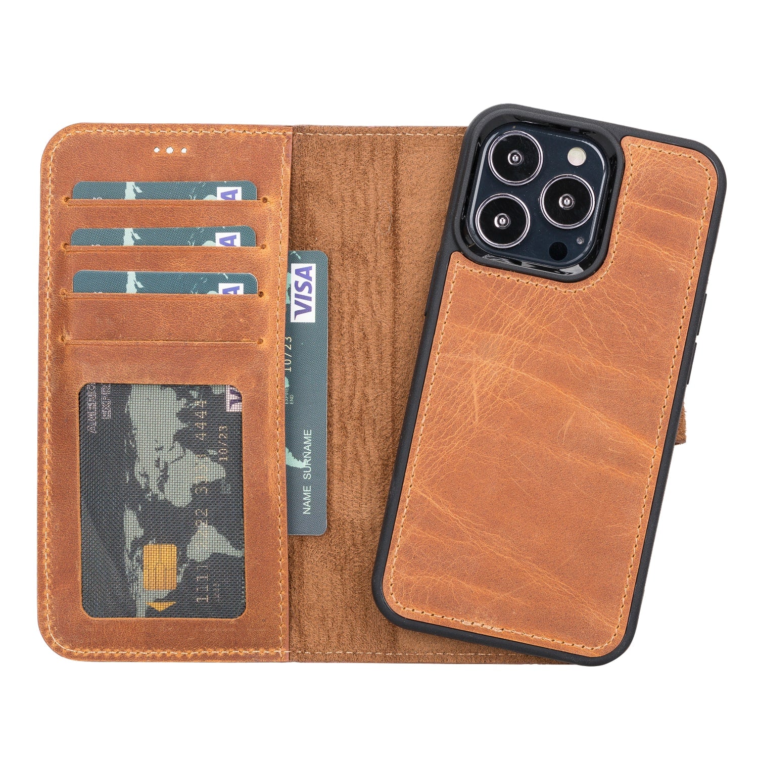 Luxury Rustic Brown Leather iPhone 13 Pro Wallet Case with MagSafe & RFID Card Holder - Bomonti - 1