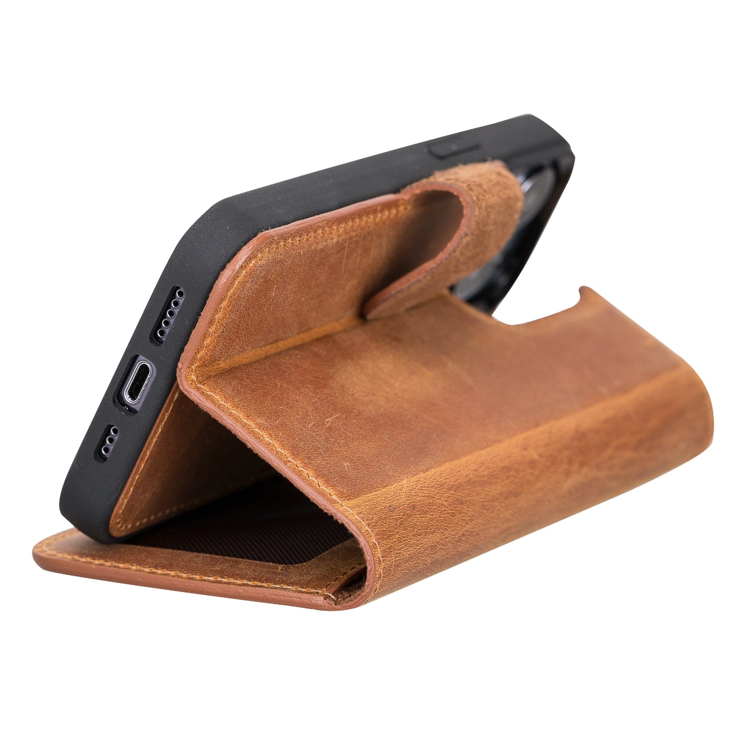 Luxury Rustic Brown Leather iPhone 13 Pro Wallet Case with MagSafe & RFID Card Holder - Bomonti - 7