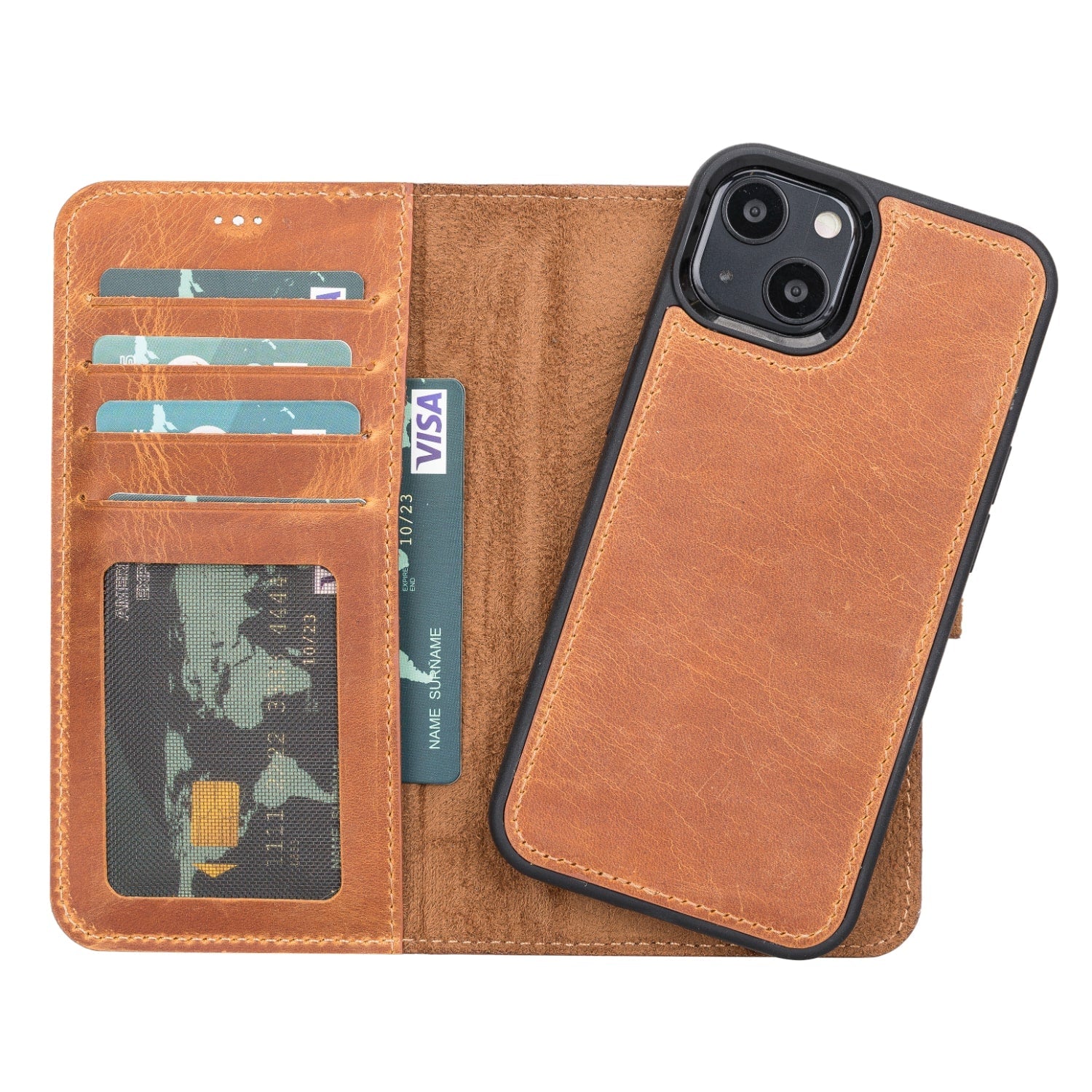 Rustic Brown Leather iPhone 13 Detachable Bi-Fold RFID Wallet Case with MagSafe & Card Holder - Bomonti - 1
