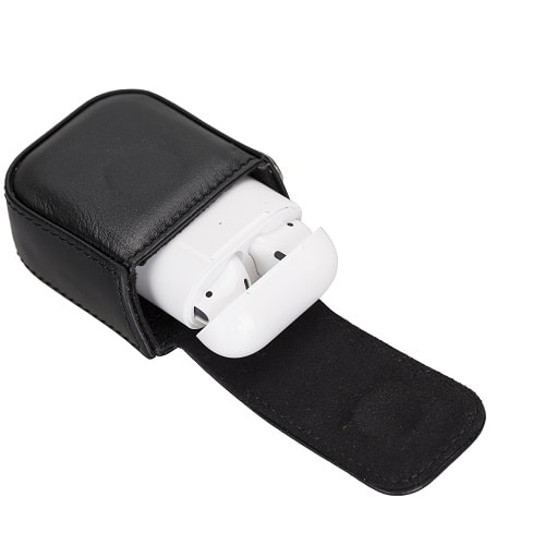 Luxury Tan Black Leather Apple AirPods Bag Cover Case with Side Hooks - Bomonti - 4
