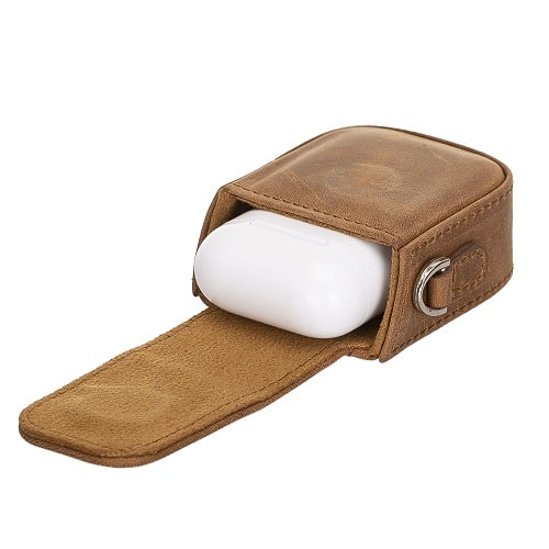 Luxury Tan Brown Leather Apple AirPods Bag Cover Case with Side Hooks - Bomonti - 5