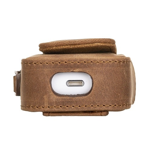 Luxury Tan Brown Leather Apple AirPods Bag Cover Case with Side Hooks - Bomonti - 6