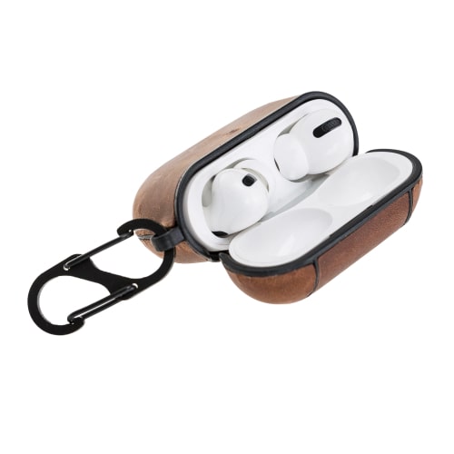 Luxury Tan Brown Leather Apple AirPods Pro Cover Flip Case with Side Hook - Bomonti - 6
