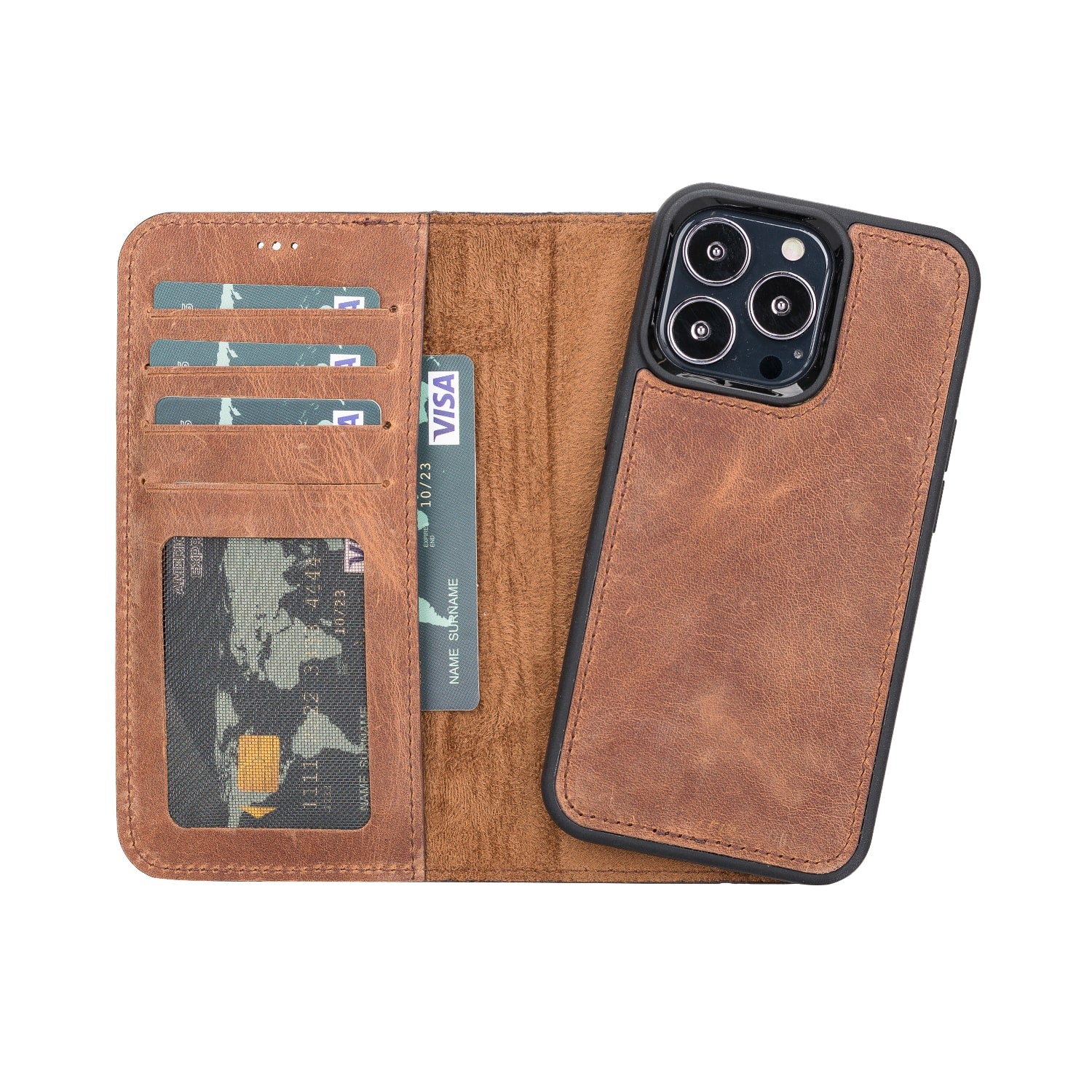 Luxury Vintage Brown Leather iPhone 13 Pro Wallet Case with MagSafe & RFID Card Holder - Bomonti - 1