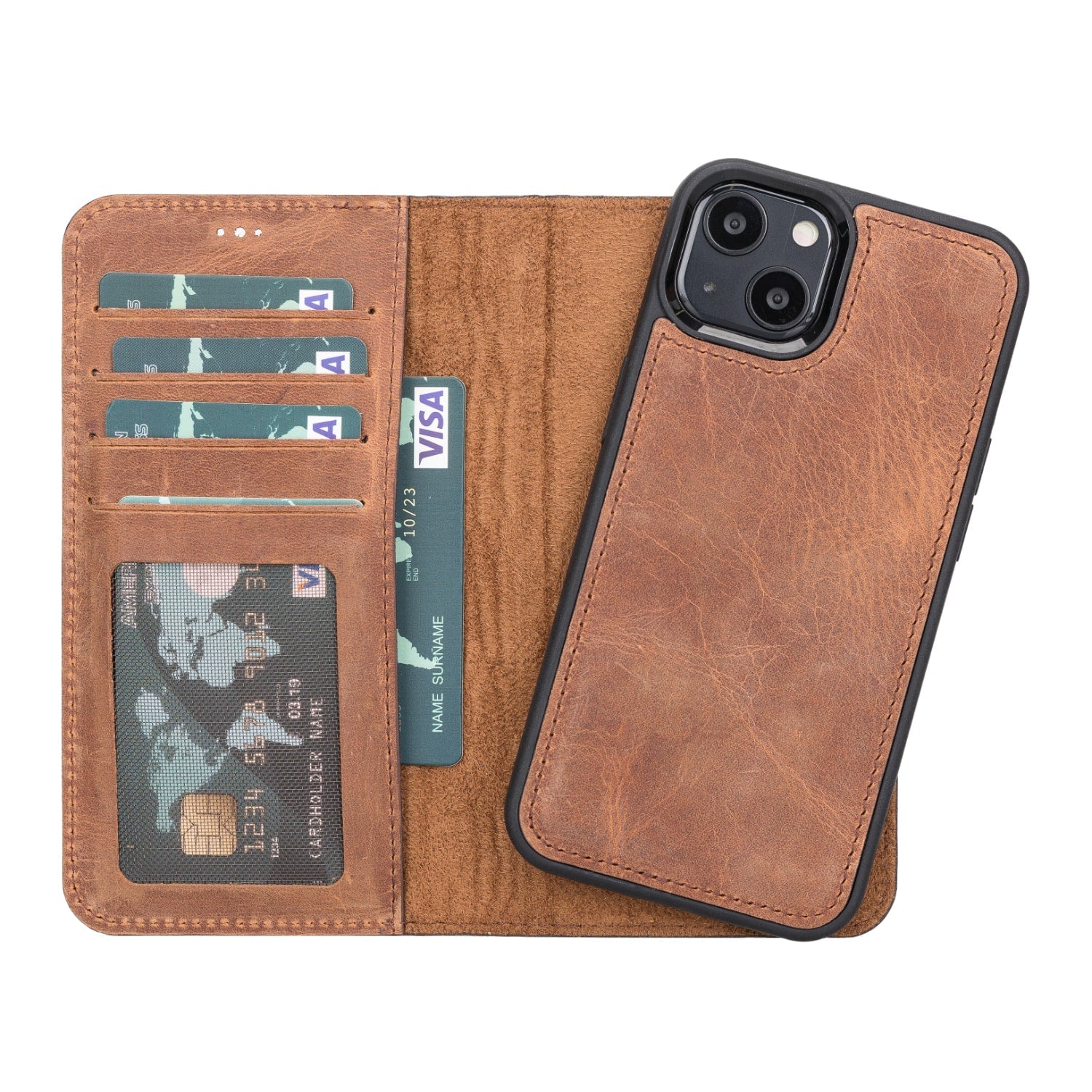 Tan Brown Leather iPhone 13 Detachable Bi-Fold RFID Wallet Case with MagSafe & Card Holder - Bomonti - 1
