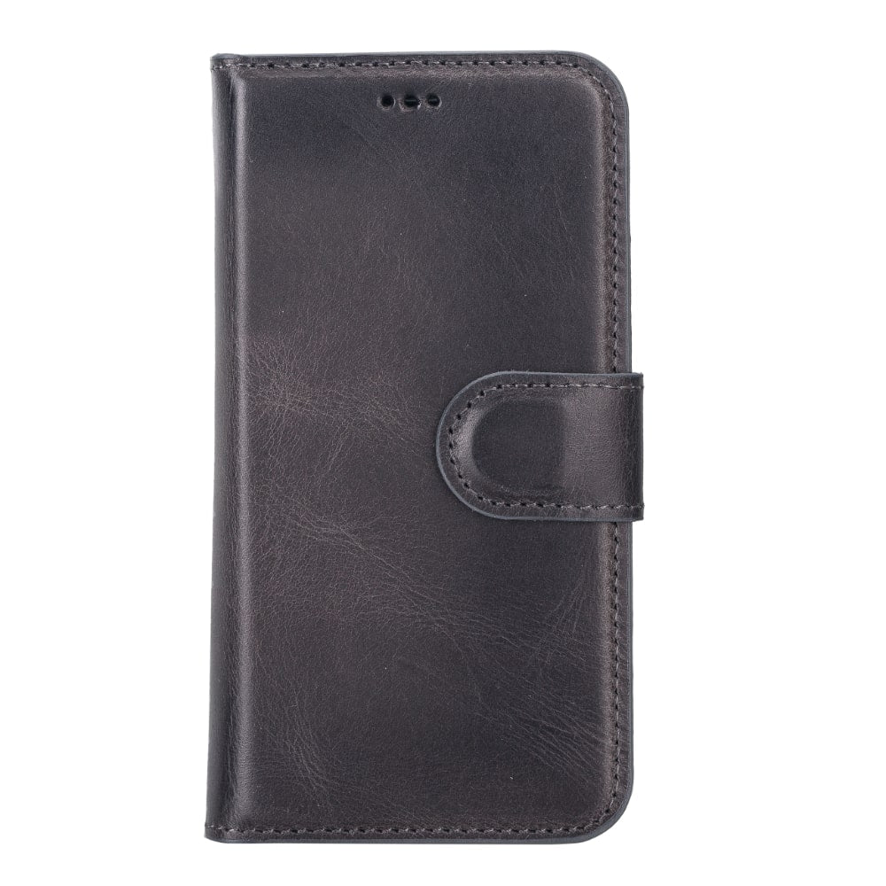 Vintage Black Leather iPhone 13 Mini Detachable Bi-Fold RFID Wallet Case with MagSafe & Card Holder - Bomonti - 1