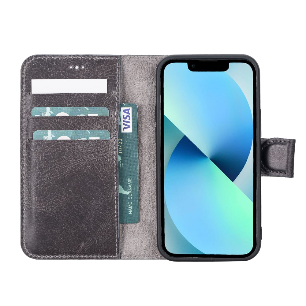Vintage Black Leather iPhone 13 Mini Detachable Bi-Fold RFID Wallet Case with MagSafe & Card Holder - Bomonti - 3
