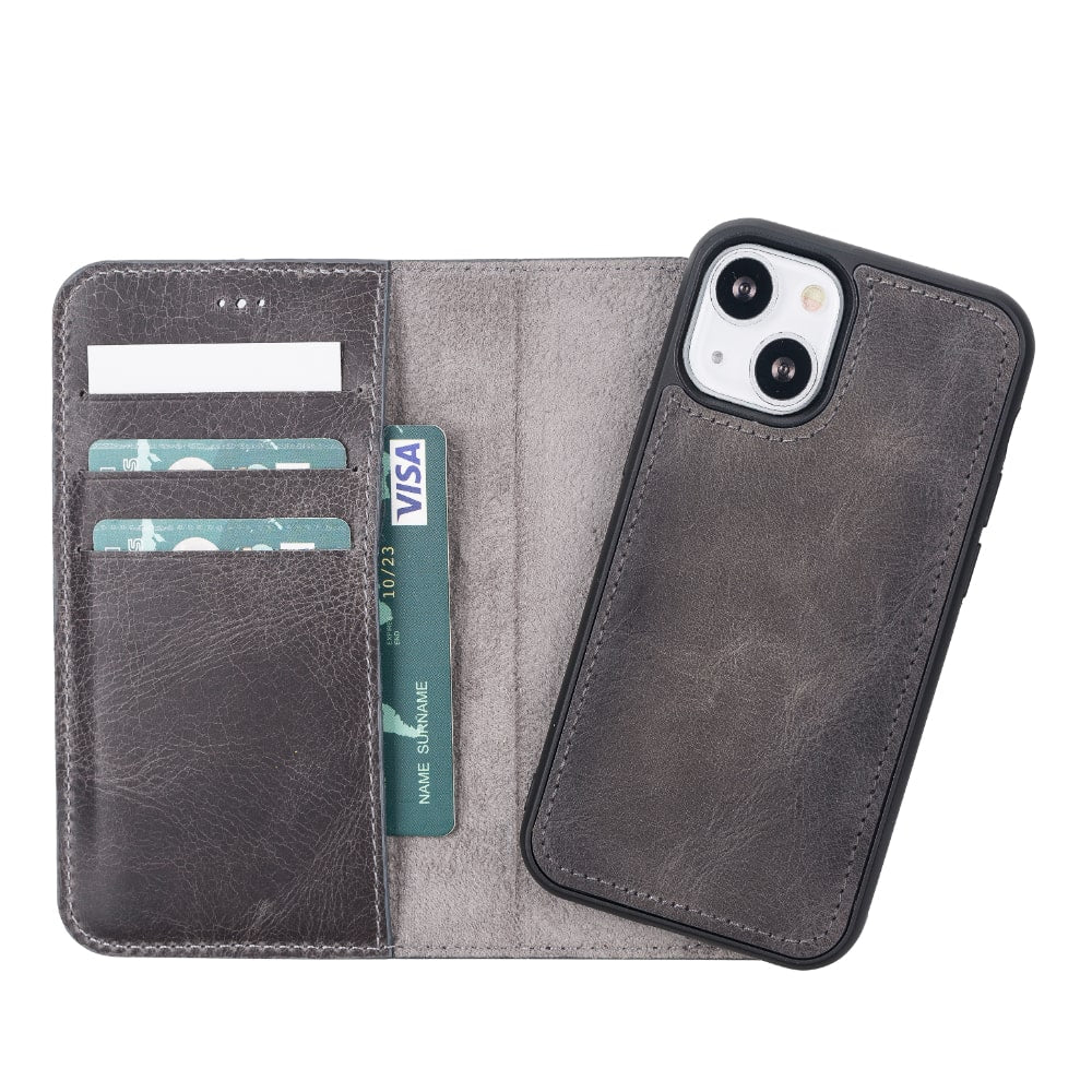 Vintage Black Leather iPhone 13 Mini Detachable Bi-Fold RFID Wallet Case with MagSafe & Card Holder - Bomonti - 4