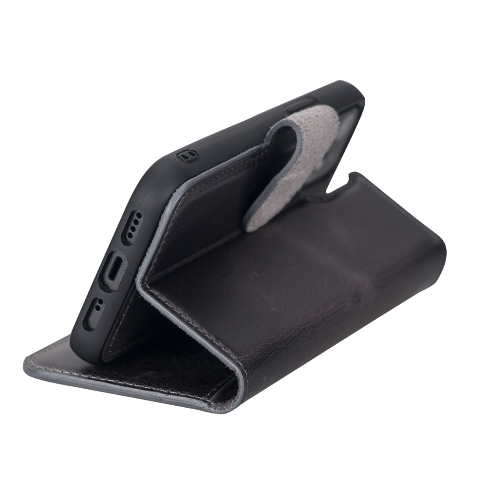 Vintage Black Leather iPhone 13 Mini Detachable Bi-Fold RFID Wallet Case with MagSafe & Card Holder - Bomonti - 7