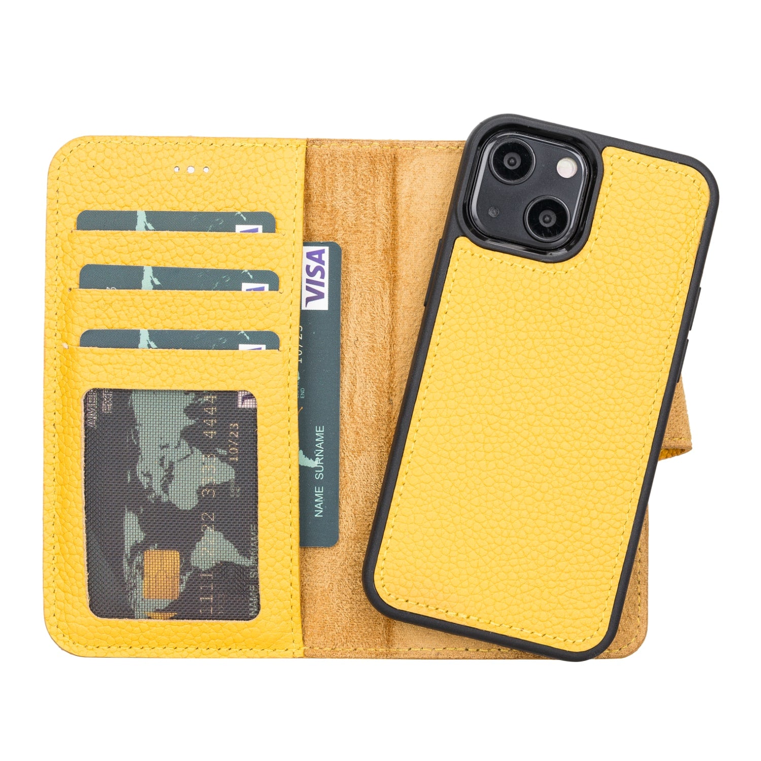 Yellow Leather iPhone 13 Mini Detachable Bi-Fold RFID Wallet Case with MagSafe & Card Holder - Bomonti - 1