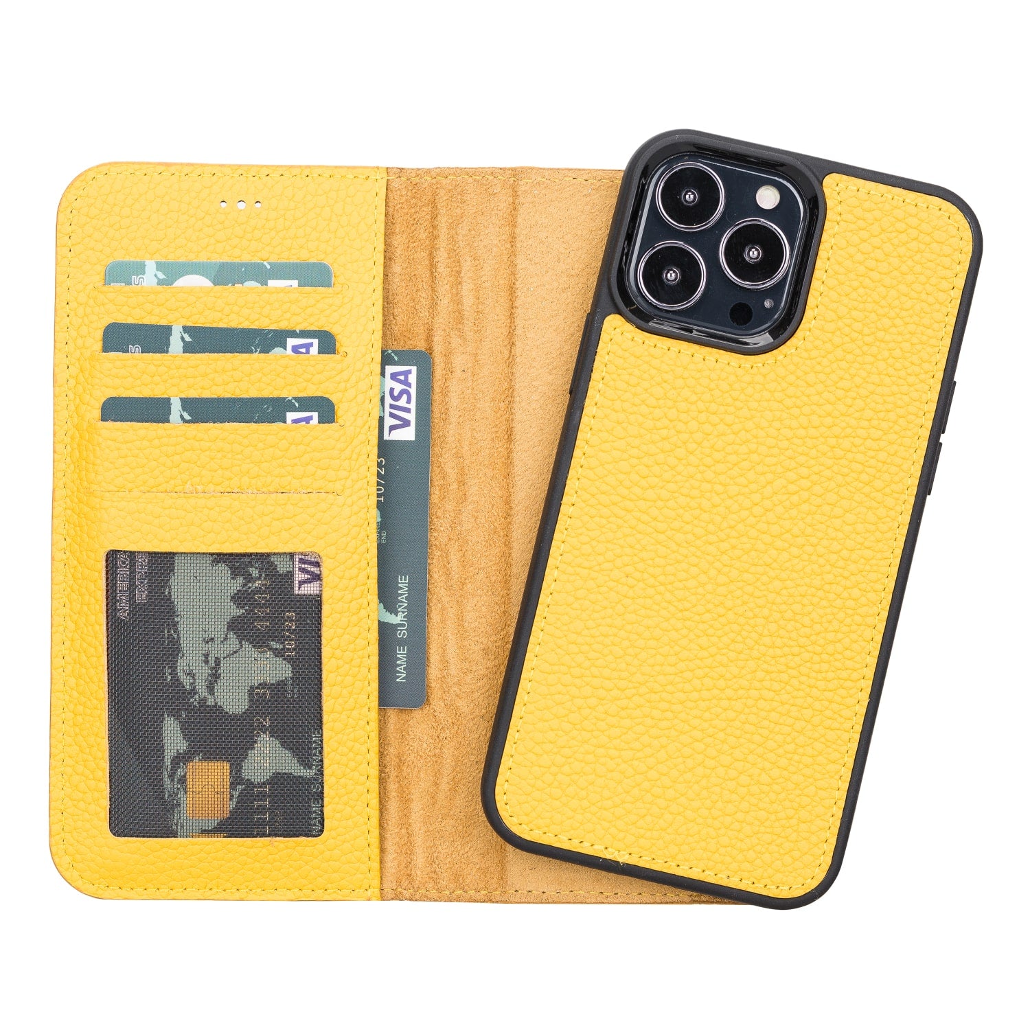 Yellow Leather iPhone 13 Pro Max Detachable Bi-Fold RFID Wallet Case with MagSafe & Card Holder - Bomonti - 1