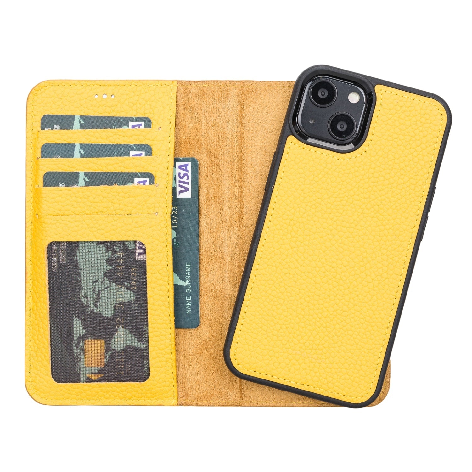 Yellow Leather iPhone 13 Detachable Bi-Fold RFID Wallet Case with MagSafe & Card Holder - Bomonti - 1