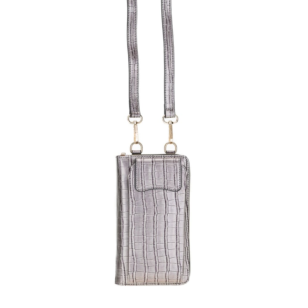 Pebble Crocodile Grey Leather Shoulder Pouch with Strap - Bomonti - 1