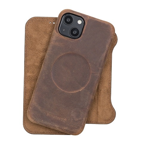 Rostar Tan Brown Leather iPhone 13 Detachable Bi-Fold Wallet Case with Mag Safe & Card Holder - Bomonti - 12