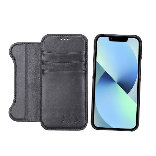 Rostar Black Leather iPhone 13 Mini Detachable Bi-Fold Wallet Case with Mag Safe & Card Holder - Bomonti - 13