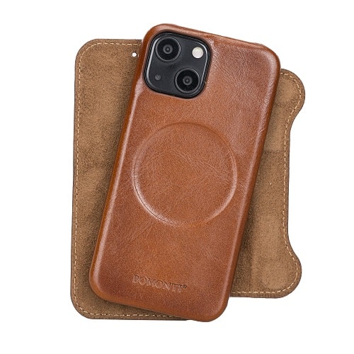 Rostar Golden Brown Leather iPhone 13 Mini Detachable Bi-Fold Wallet Case with Mag Safe & Card Holder - Bomonti - 12