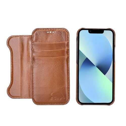 Rostar Golden Brown Leather iPhone 13 Mini Detachable Bi-Fold Wallet Case with Mag Safe & Card Holder - Bomonti - 13