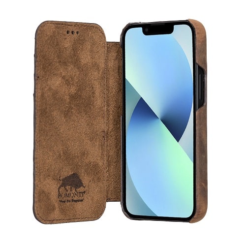 Rostar Tan Brown Leather iPhone 13 Mini Detachable Bi-Fold Wallet Case with Mag Safe & Card Holder - Bomonti - 11