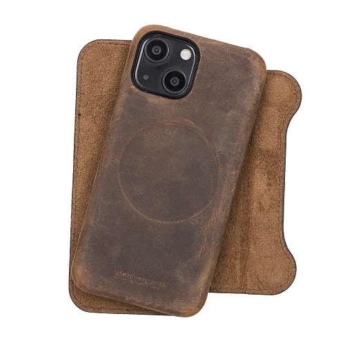 Rostar Tan Brown Leather iPhone 13 Mini Detachable Bi-Fold Wallet Case with Mag Safe & Card Holder - Bomonti - 12
