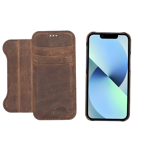 Rostar Tan Brown Leather iPhone 13 Mini Detachable Bi-Fold Wallet Case with Mag Safe & Card Holder - Bomonti - 13