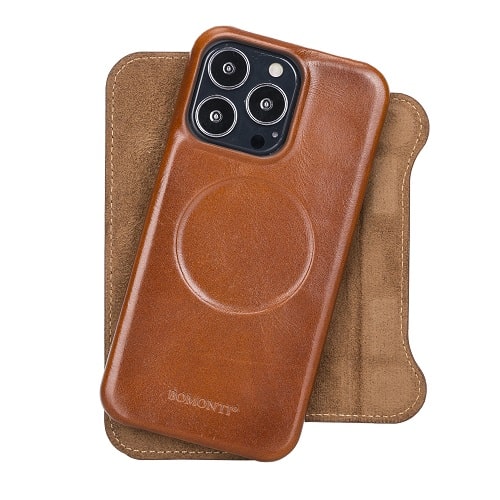 Rostar Golden Brown Leather iPhone 13 Pro Detachable Bi-Fold Wallet Case with MagSafe & Card Holder - Bomonti - 23