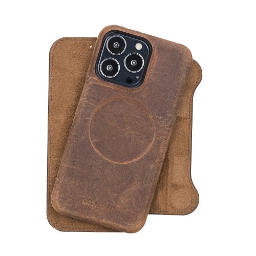 Rostar Tan Brown Leather iPhone 13 Pro Detachable Bi-Fold Wallet Case with MagSafe & Card Holder - Bomonti - 23