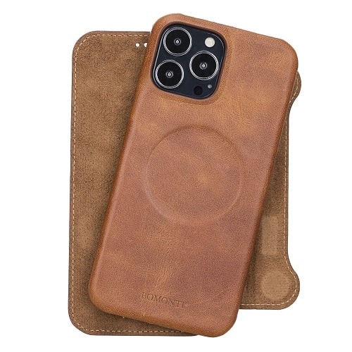 Rostar Brown Leather iPhone 13 Pro Max Detachable Bi-Fold Wallet Case with MagSafe & Card Holder - Bomonti - 12